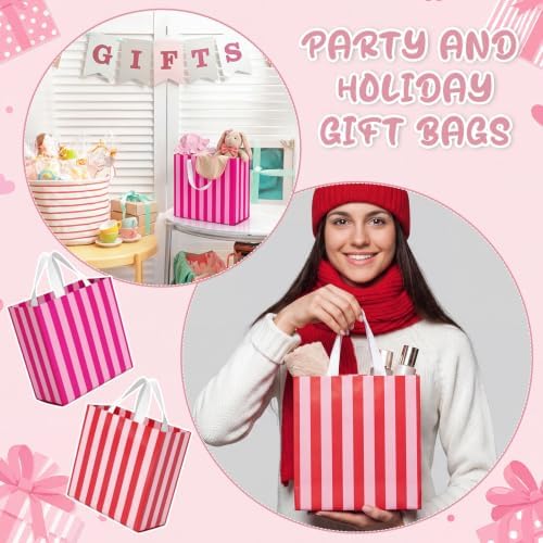 Crtiin 100 Pcs Plastic Striped Gift Bags with Handles, Light color - Image 4