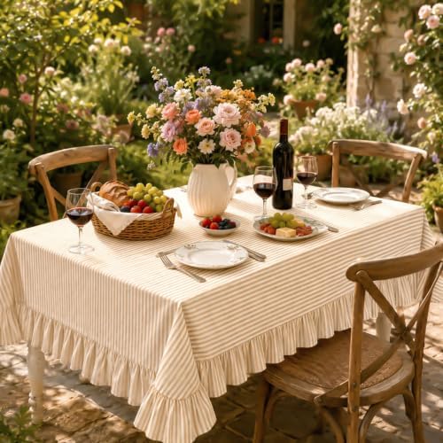 Striped Ruffled Tablecloth 60x120 Inch Cotton Polyester Striped Tablecloth Rectangular Fits 8-10 Seater Table Farmhouse Vintage Table Cover for Home Kitchen Baby Shower Birthday Party Picnic (Taupe) - Image 7