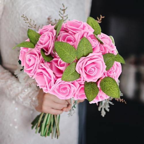 100 Pcs Artificial Rose Flowers, Bright Pink - Image 4