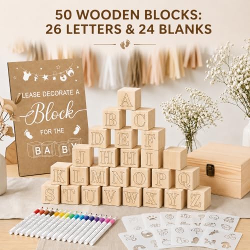 Baby Shower Game Blocks with 50 Decorate Wooden Blocks 24 Markers 1 Storage Box 1 Wooden Sign 16 Stencils(Classic) - Image 5