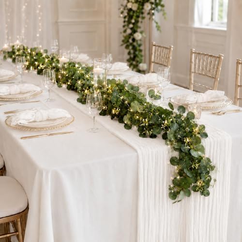 Cinrobiye 11pcs Cheesecloth Table Runner Set 120 Inch – Gauze Table Runner with Napkins, Eucalyptus Garland & String Lights for Wedding Baby Shower Table Decor, Rustic Boho - Image 4