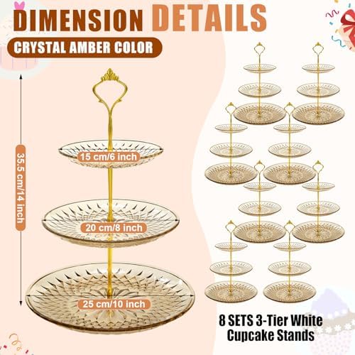 Patelai 8 Packs 3 Tier Acrylic Cake Stand with Round Holder 3 Tier Serving Tray Acrylic Crystal Cupcake Stand Holder for Home Wedding Birthday Baby Shower Tea Party Favors(Clear Amber, Golden Crown) - Image 3