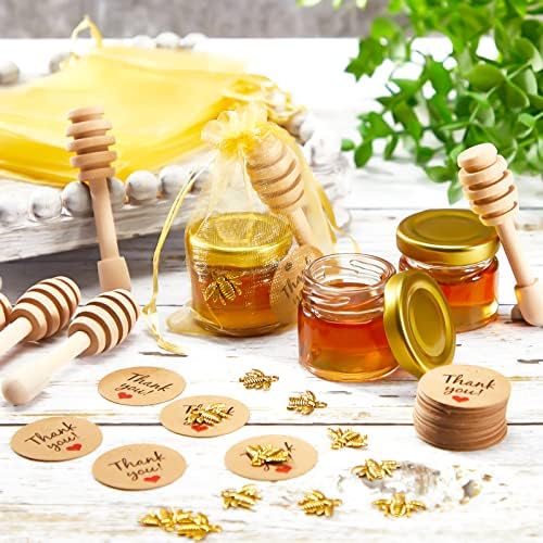 50 Pcs 1oz Small Glass Jars with Lids Mini Honey Jars with Wood Dipper, Bee Charms, Golden Gift Bags, Jutes, and Tags with Golden Lids for Baby Shower, Wedding, and Party Favors - Image 5