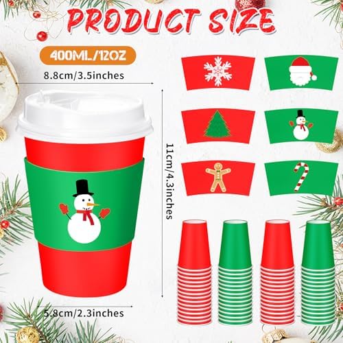 Mimorou 60 Pack Christmas Coffee Cups with Lids and Sleeves, 12 oz Red and Green Paper Disposable Party Cup, Festive Designs Snowman Snowflakes Santa Tree Gingerbread Candy Cane for Xmas Party Favors - Image 3