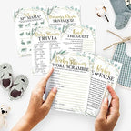 Hadley Designs 25 Greenery Word Scramble, 25 True Or False Game, 25 Trivia Game, 25 Find The Guest, 25 Baby Animal Matching, 25 Nursery Rhyme Game-6 Double Sided Cards Baby Shower Ideas - Image 2
