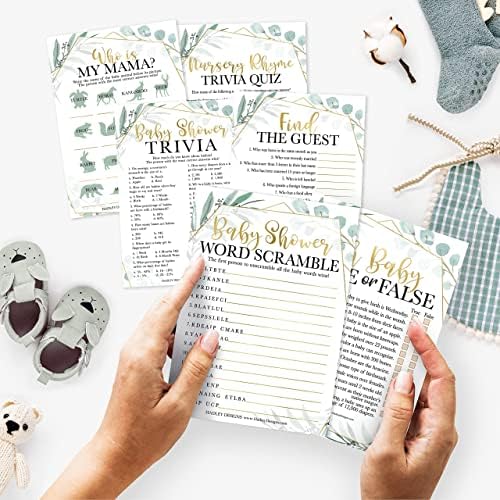 Hadley Designs 25 Greenery Word Scramble, 25 True Or False Game, 25 Trivia Game, 25 Find The Guest, 25 Baby Animal Matching, 25 Nursery Rhyme Game-6 Double Sided Cards Baby Shower Ideas - Image 2