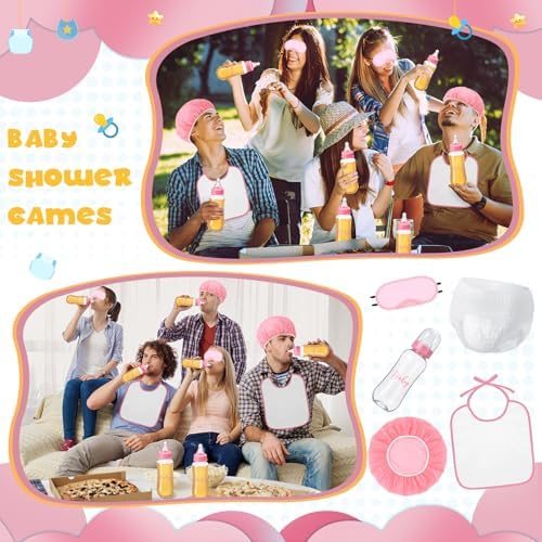 6 Sets Bottle Chug Baby Shower Blind Games Juegos Para Include Plastic Bottles Bibs Hat Eye Mask Disposable Diapers Blindfolded Baby Shower Bottle Games Gender Reveal Decoration (Pink) - Image 5