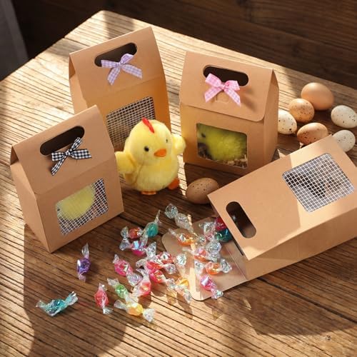 Maitys 36 Pcs Chicken Birthday Party Favor Boxes Farm Animal Foldable Chicken Box with Raffia Grass Bow Paper Treat Goodie Boxes for Adopt Chick Party Birthday, 5.91'' X 3.94'' X 2.36'', Retro - Image 2