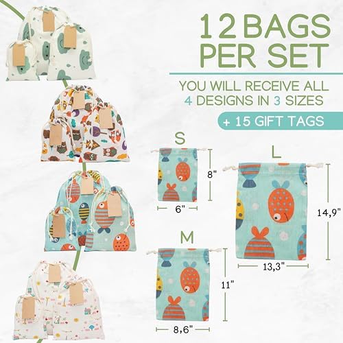 12 PCS Reusable gift bags with drawstring + 15 gift tags | Fabric gift bags in 3 Sizes | Gift wrapping alternative, storage bags, travel & party favor bags. 12th Ed. - Image 2
