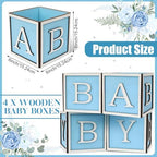 4 Set Baby Shower Centerpieces for Tables - 6 inch Wooden Boxes with Baby Letters Rustic Cube Planter Wood Blocks for Gender Reveal Party Favor (Blue) - Image 2