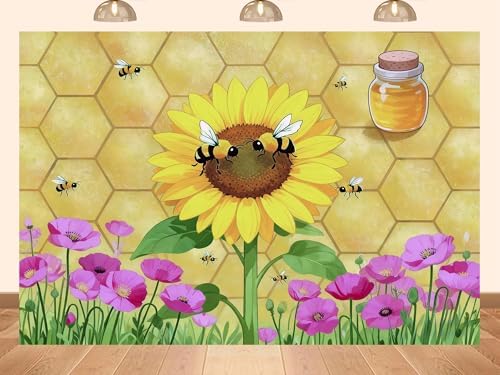10x7ft Fabric Sunflower Honeycomb Bee Backdrop Poppy Honey Jar Background for Bee Garden Party Baby Shower Decorations Photo Shoot Studio Props by Unknown