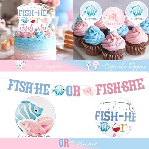 Gone Fishing Gender Reveal Decorations Tableware Set, 177 PCs Fish He or Fish She Supplies with Plates, Napkins, Forks, Banner, Tablecloth for Baby Shower Party, Serves 24 Guests - Image 4