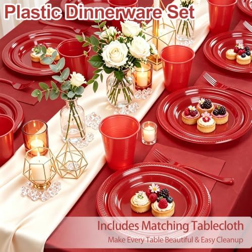 100 Guests Red Plastic Plates and Napkins Party Supplies for Birthday - Image 2