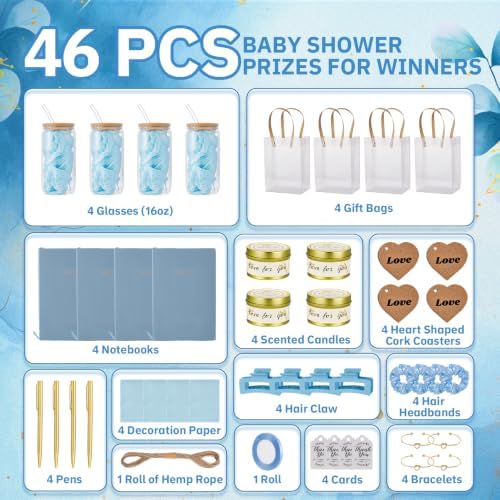 46Pcs Baby Shower Prizes for Game Winners Gifts Wedding Bridal Shower Gifts Including Glass Cans Notebooks Soy Candles Hair Clips for Baby Shower Wedding Bridal Shower Game Prizes (Blue, 4 Sets) - Image 3