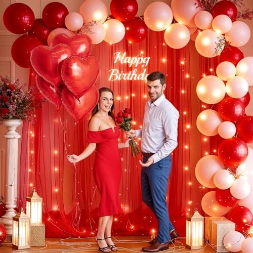 20x10ft Red Tulle Backdrop Curtain with Lights String for Parites, Sheer Backdrop Curtains for Wedding Baby Shower Birthday Party Photo Shoot Decorations - Image 4