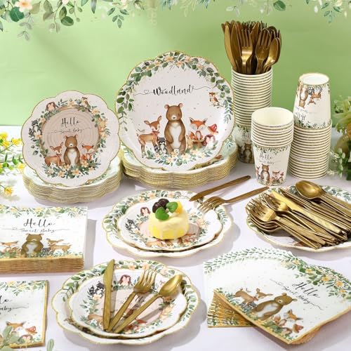 Funnymoom 400 Pcs Woodland Baby Shower Party Supplies for 50 Forest Animals Mountain Wilderness Plates Napkins Cups Spoons Forks Knives for Neutral Forest Animal Baby Shower(Green and Gold, Woodland) - Image 4