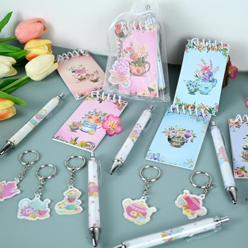 24 Pack Tea Party Favors for Guests Adults, Floral Notebook and Pen Set with Keychain & Gift Bag, Mini Tea Party Supplies for Bridal Shower Garden Party Birthday Wedding Office Gift, 6 Designs - Image 6