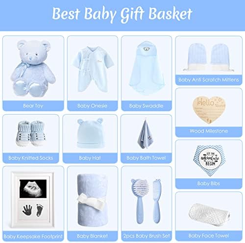 iAOVUEBY Baby Boy Gifts, Baby Shower Gifts - Newborn Bear Toys Rattle Blanket Infant Shoes Onesie Wooden Keepsake Babies Registry Gift Essentials Basket, Unique New Baby Gift Set for Boys 0+ Months - Image 2