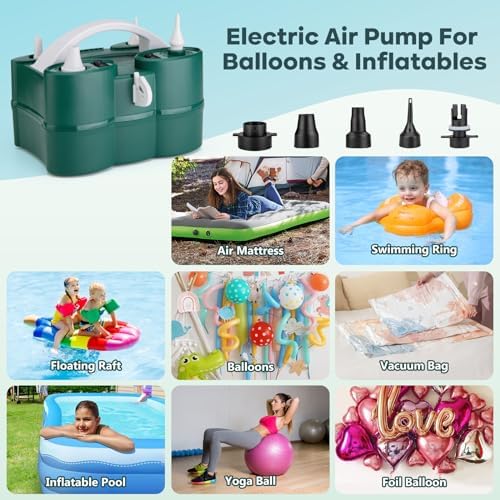 Voircoloria Balloon Pump Electric, 3-in-1 Portable Automatic Dual Nozzle Inflator 110V with Tying Tools for Birthday Gender Reveal Baby Shower Balloons Party Decorations(Green) - Image 4