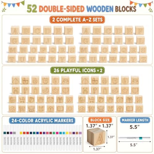 Baby Shower Games, 117-Piece Baby Blocks for Baby Shower with 52 Wooden ABC Blocks to Decorate, 24 Acrylic Markers, 40 Stencils and Game Sign, Woodland Gender Reveal Game for Boy or Girl - Image 3