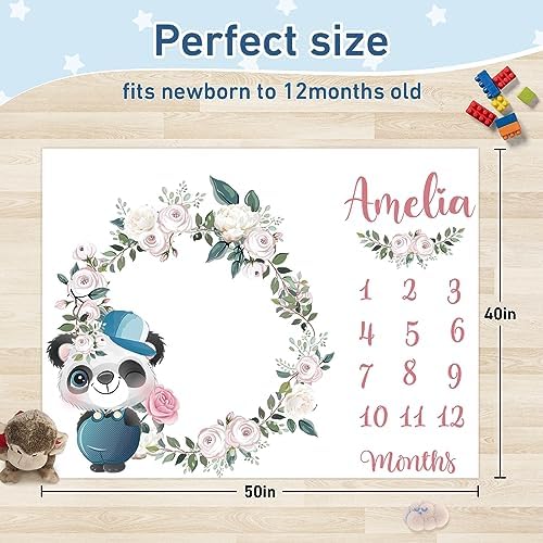 Custom Name Baby Milestone Blanket - Baby Milestone Monthly Blanket with Double Sided for Boy Girl Baby Photography Props - Pink Panda Print Gifts for Kids Infant - Image 3