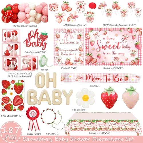 Costova Strawberry Baby Shower Decorations, A Berry Sweet Baby Is on the Way Party Supplies with Backdrop, Balloon Garland, Boxes, Mom to Be Sash for It's a Girl Gender Reveal Party - Image 2