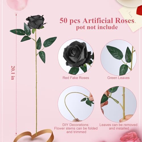 50 PCS Black Roses Artificial Flowers, Fake Roses with Stem Realistic Silk Roses for Halloween DIY Wedding Bouquets Table Centerpieces Arrangements Baby Shower Party Birthday Home Decor Gift for Her - Image 5