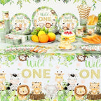 Funnymoom 452 Pcs Wild One Birthday Party Decorations for 50, Safari Jungle Wild One Paper Plates Napkins Cups Tablecloth Cutlery Straws for Boys Kids Woodland Themed First Birthday Party Supplies - Image 6