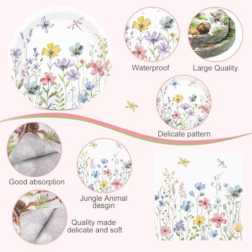 Pickmesh 250 Pcs Spring Floral Disposable Tableware Set Wildflower Butterfly Disposable Paper Plates Napkins and Cups for Baby Bridal Shower Birthday Wedding Baby in Bloom Garden Tea Party Supplies - Image 3