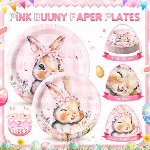 Honeydak 210 Pcs Pink Bunny Party Supplies for 30 Guests, Includes Spring Rabbit Plates, Cups, Napkins, Cutlery - Cute Pink Bunny Tableware Decoration for Baby Shower Easter Party - Image 3