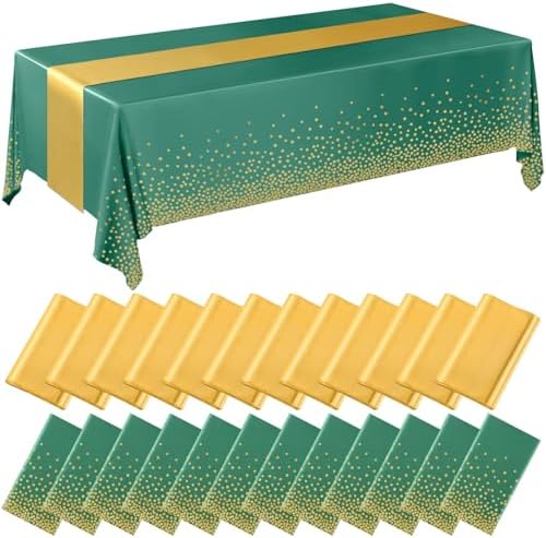 Breling 24 Pack Green and Gold Disposable Tablecloths and Table Runner Set by Breling