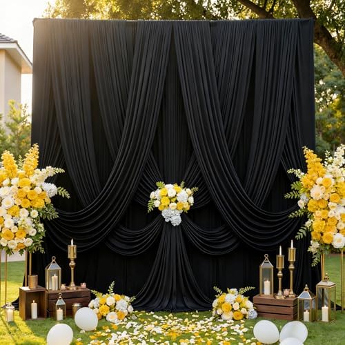 50ftx12 ft Wrinkle Free Black Backdrop Curtain for Wedding Parties, 10 Panels 5x12 ft Long Silky Polyester Fabric Backdrop Drapes Black Photo Back Drop Cloth for Parties Photography Background by ENJOYYOURPARTY