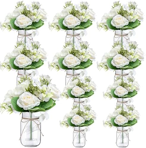 10 Sets Mason Jars Flower Table Centerpiece with White Rose - Ivory by Scawim
