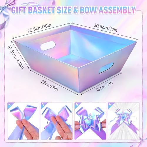AFOROEOA 10 PACK Laser Gift Baskets for Gifts Empty, 12x10x4” Holographic Iridescent Gift Basket Kit with 10 Bows & 10 Bags - Large Empty Gift Baskets to Fill for Christmas, Weddings, Birthdays, Holiday Gifting Hampers - Image 4