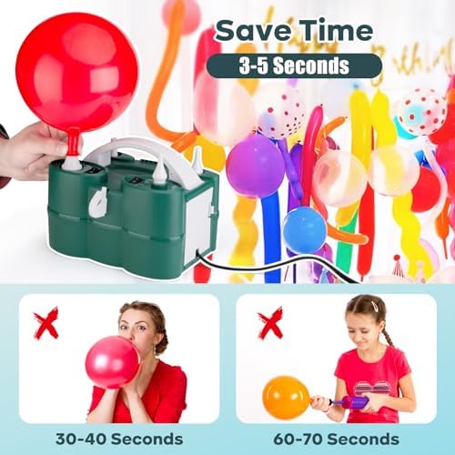 Voircoloria Balloon Pump Electric, 3-in-1 Portable Automatic Dual Nozzle Inflator 110V with Tying Tools for Birthday Gender Reveal Baby Shower Balloons Party Decorations(Green) - Image 5