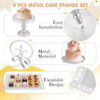 Lallisa 8 Pcs Cake Stands Set Metal Dessert Table Display Tiered Cupcake Holder Candy Donut Fruit Plate Cake Serving Tray with Handle Treats Serving Tower for Wedding Birthday Party (Sliver) - Image 5