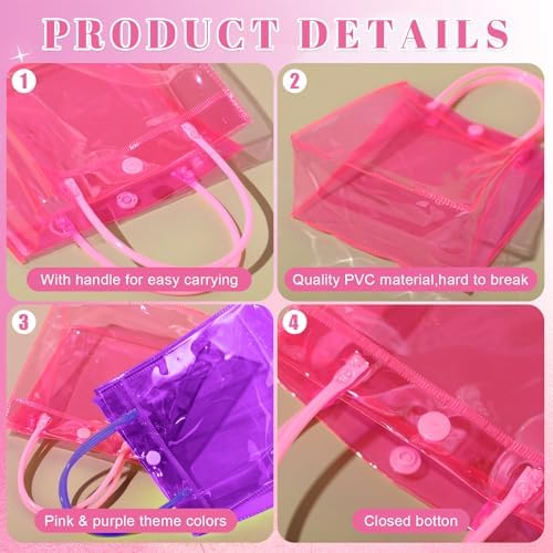 Sweetude 48 Pack Purple and Pink Sleepover Gift Bags Sleepover Spa Party Favors Reusable Goodie Bags with Handles PVC Clear Candy Bag for Pink Birthday Party Supplies Bridal Wedding Bridesmaid Gifts - Image 5