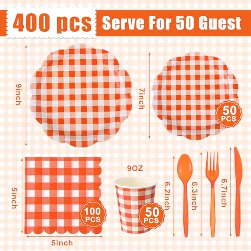Funnymoom 400 Pcs Orange and White Gingham Party Supplies Dinnerware Set - Image 3