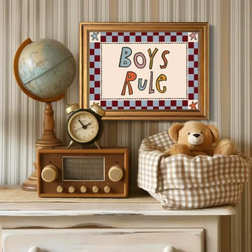 Boys Rule Wall Art Funny Kids Quote Wall Decor Picture Vintage Checkerboard Sign Poster Canvas Painting Print for Boys Bedroom Playroom Nursery 12x16 inch Gold Framed - Image 4
