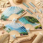 Roowest 36 Pcs Summer Tropical Folding Hand Fan Bulk Ocean Beach Lagoon Party Paper Fan with Blue Bow Palm Tree Landscape Handheld Fans for Luau Birthday Bridal Wedding Tea Party Hawaiian Decor - Image 4
