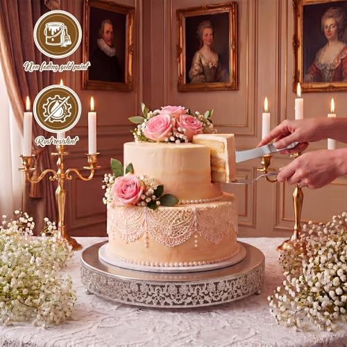 Wenqik 20 Inch Silver Cake Stand Set Metal Round Cupcake Dessert Stand with Cake Cutting, Flower Spatula Wedding Cupcake Pastry Display Candy Holder Display for Wedding Party Birthday Baby Shower - Image 4