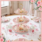 Lallisa Pink Floral Party 3 Tier Dessert Stand 10", 9" and 7" Ceramic Serving Tray Dessert Cupcake Display Holder Tower for Wedding Baby Bridal Shower Tea Party Decoration - Image 6