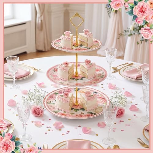 Lallisa Pink Floral Party 3 Tier Dessert Stand 10", 9" and 7" Ceramic Serving Tray Dessert Cupcake Display Holder Tower for Wedding Baby Bridal Shower Tea Party Decoration - Image 6
