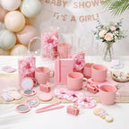 42Pcs Baby Shower Prizes for Game Winners, Baby Shower Guests Favor Set with Scrunchies Ceramic Mug Hair Claw Mirror Pen A6 Notebook Gift Bag for Wedding Bridal Showers Favor (Pink) - Image 3
