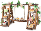 Wisreach Wooden 3 Tier Cupcake Stand with Swing and Flower Decoration Serving Removable Tray Display Serving Ladder Foldable Stand with Serving Platter Tray Party Food Display Set for Cake Snack Fruit Chips Bread Centerpieces Catering by Wisreach