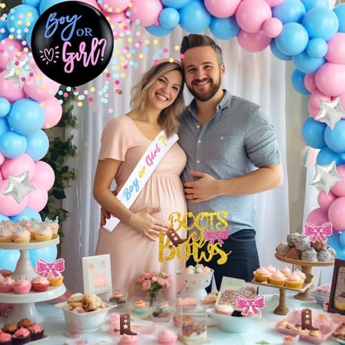 Boots or Bows Gender Reveal Decorations, Baby Boy or Girl Party Decor Backdrop Balloon Garland Banner Tablecloth Cake Cupcake Topper Box Sash Pink Blue - Image 5