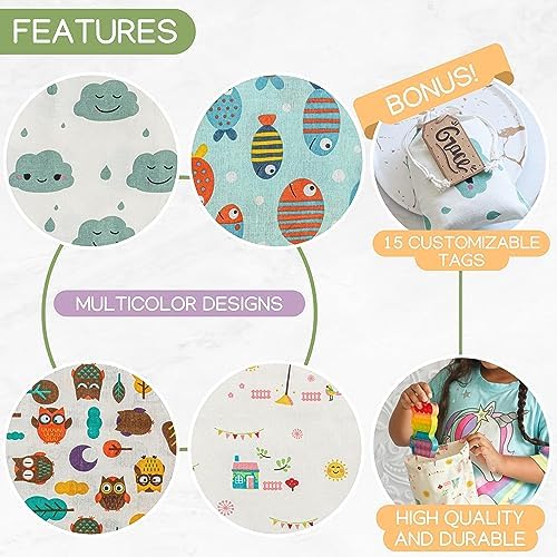 12 PCS Reusable gift bags with drawstring + 15 gift tags | Fabric gift bags in 3 Sizes | Gift wrapping alternative, storage bags, travel & party favor bags. 12th Ed. - Image 4