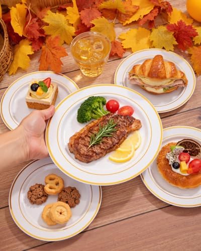 bUCLA 300PCS Gold Plastic Plates - White Gold Dinnerware set Disposable - Include 50 Each (Dinner&Dessert) Plates,50 Knives,50 Forks,50 Spoons,50 Cups for Party, Thanksgiving, Fall Harvest & Autumn - Image 5