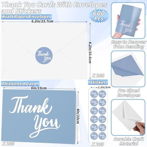 600 Pcs Blue Thank You Cards Bulk with White Envelopes and Stickers 4x6 Inch Blank Thank You Notes Box Set Minimalistic Design for Business Wedding Baby Shower Graduation Bridal Shower Funeral - Image 2