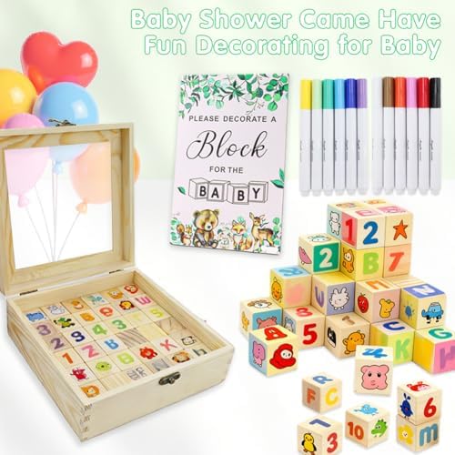 Baby Shower Blocks to Decorate，102PCS Baby Shower Blocks Game Set，Includes Clear Window Wooden Box, 40 Templates to Paint, 12 Acrylic Markers & 1 Wooden Sign Suitable for Boy and Girls - Image 2
